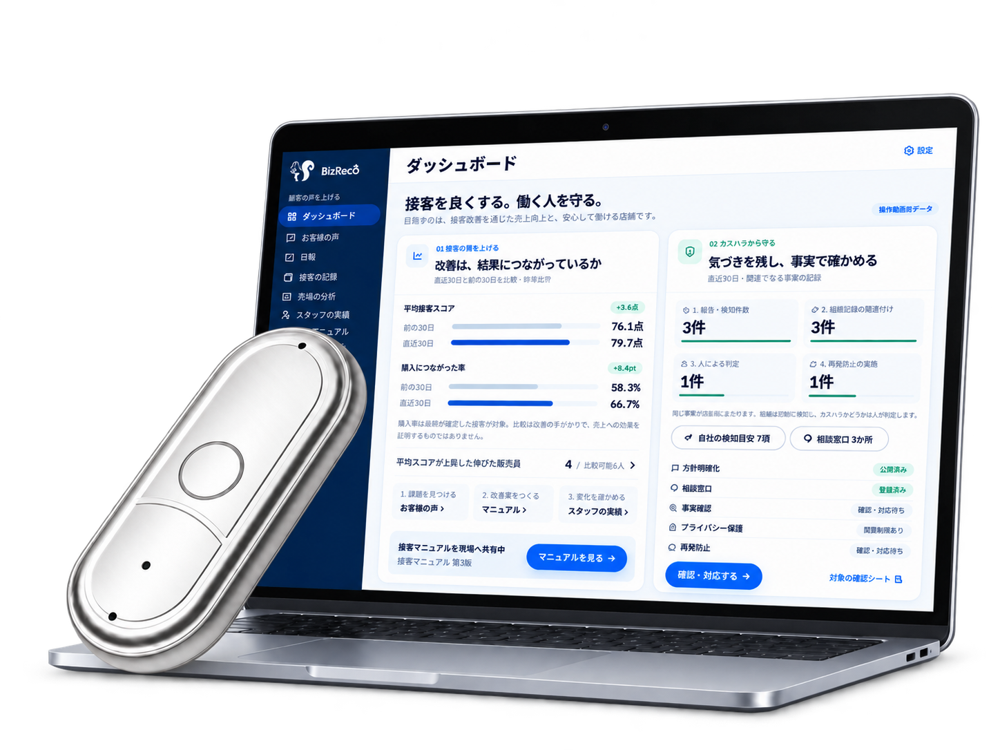 販売接客の会話を記録するBizReco端末とダッシュボード